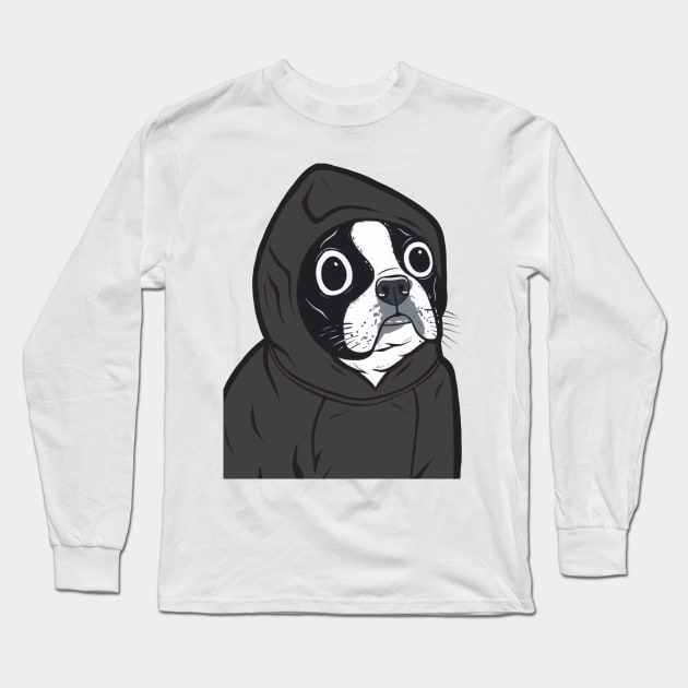 Black Boston Terrier Hoodie Long Sleeve T-Shirt by turddemon